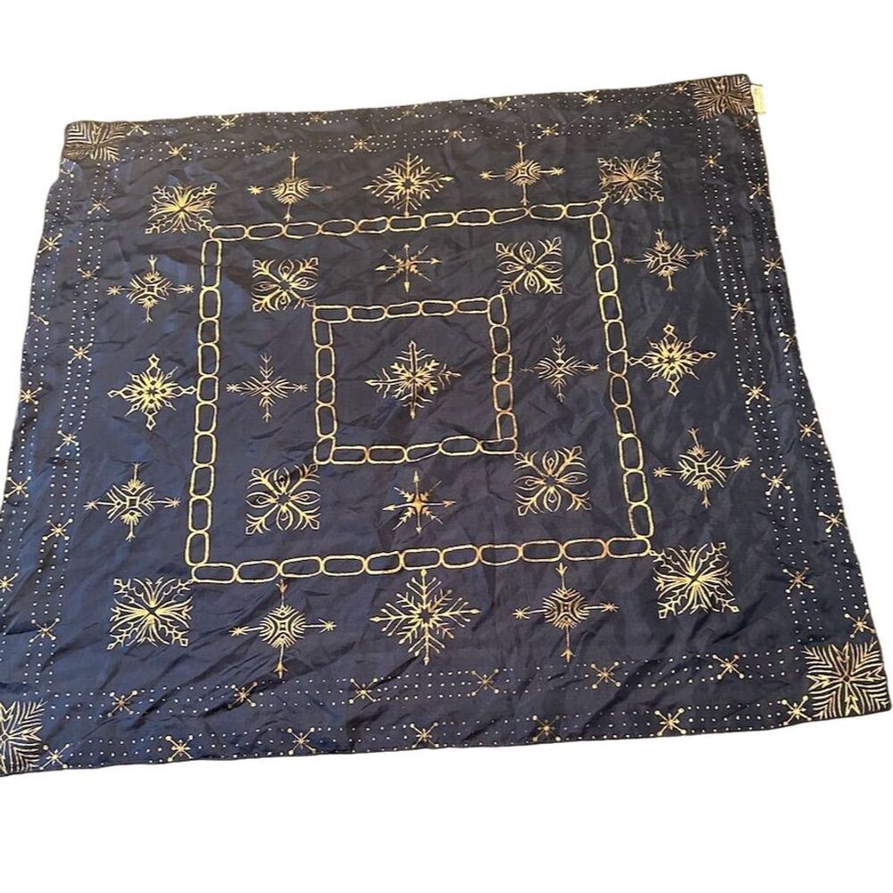 Vintage Blue Silk Scarf Hand Rolled Snowflake Print Winter Accessory